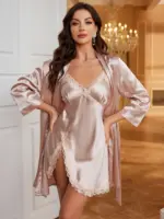 Women's Satin Lace Trimmed Pajama Set Sexy Cozy Two Piece Pajama Set Home Wear For Fall/Winter
