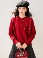 2025 Winter Collection Features A New Red Base Sweater For The Zodiac Year With Beautiful Beaded And Elegant Unique Women'S Top