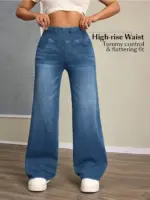 Women's high-rise wide-leg jeans with tummy tuck, slim fit, made from stretch denim fabric, are stylish for casual everyday wear - Image 2
